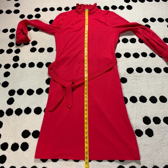 Vintage 70s Button Tie Front  Ruffle Trim Modest 60s Retro Secretary Dress - Picture 15 of 16